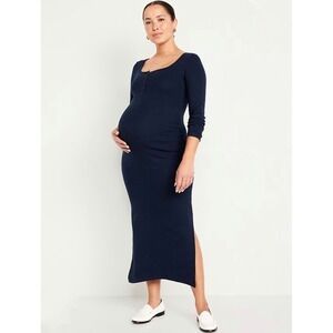 Old Navy Maternity Maxi Dress Women L Navy Blue Ribbed Henley Long Sleeve